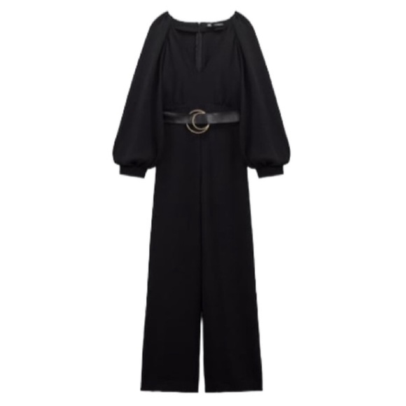 NWOT Zara belted wide leg jumpsuit in black. Size Large - Picture 1 of 12